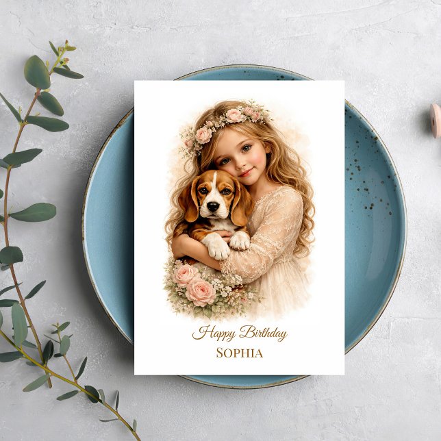 Tarjeta Niña con cachorro de beagle (Subido por el creador)