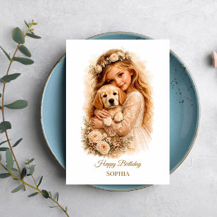 Tarjeta Niña con cachorro de Golden Retriever