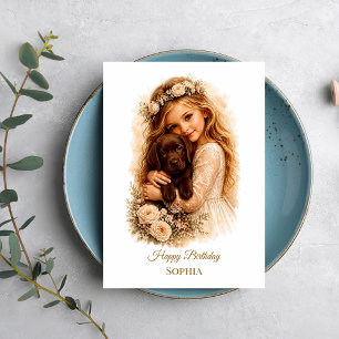 Tarjeta Niña con cachorro de Labrador Chocolate