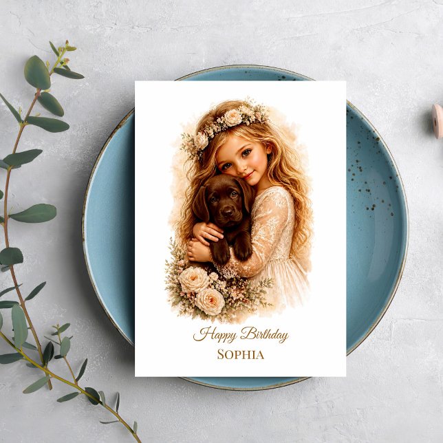 Tarjeta Niña con cachorro de Labrador Chocolate (Subido por el creador)