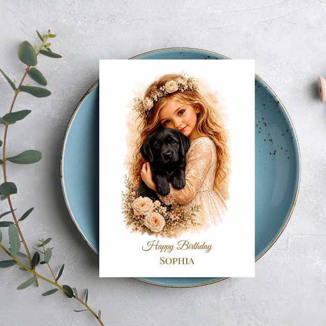 Tarjeta Niña con cachorro de Labrador negro (Subido por el creador)