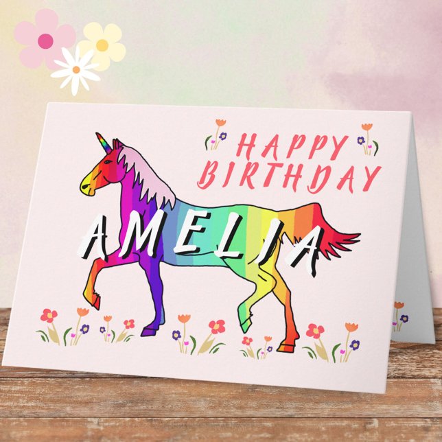 Tarjeta Niña con flores de pink Rainbow Unicorn feliz cump (Subido por el creador)
