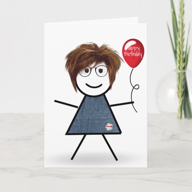 Tarjeta Niña con globo rojo de cumpleaños (Anverso)
