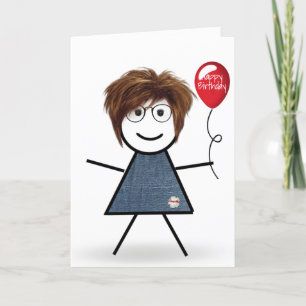 Tarjeta Niña con globo rojo de cumpleaños
