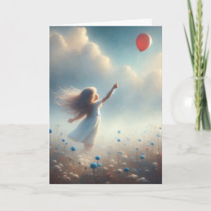 Tarjeta Niña Con Globo Rojo Pensando En Ti