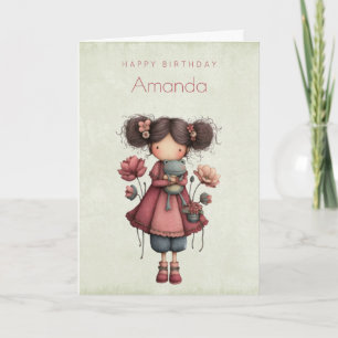 Tarjeta Niña con muñeca de rana adorable cumpleaños capric