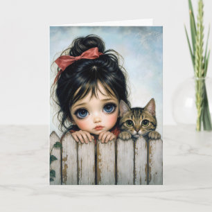 Tarjeta Niña con Ojos Grandes y Gato Mascota