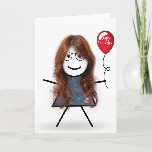 Tarjeta Niña con palo de cumpleaños con globo rojo (Anverso)