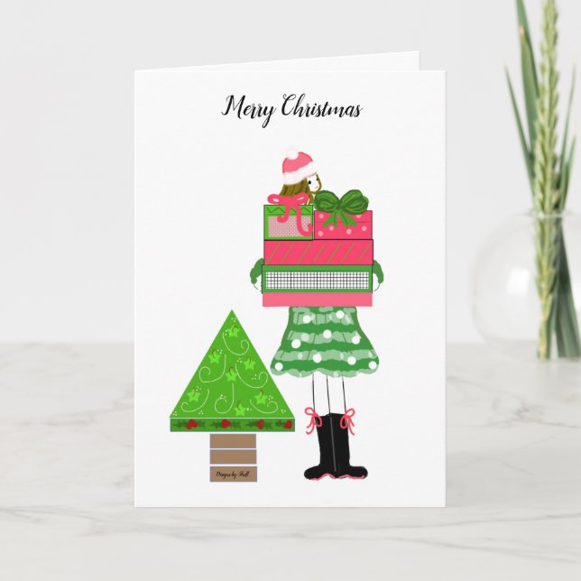 Tarjeta Niña con regalos y árbol (Anverso)