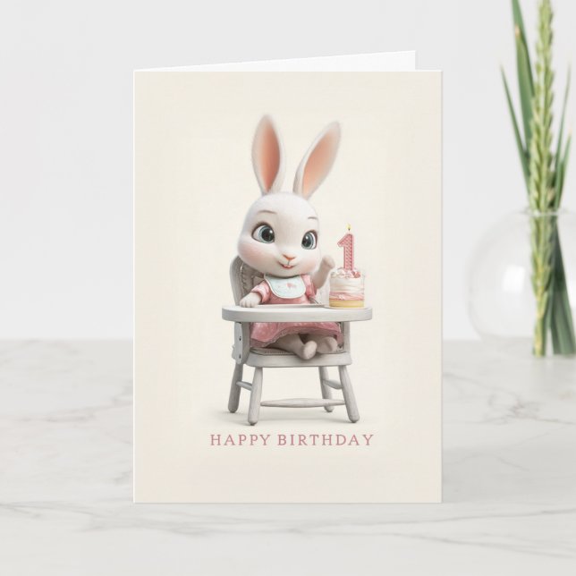Tarjeta Niña Conejito Bebé en Silla Alta Pastel de Cumplea (Anverso)