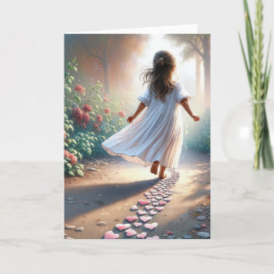 Tarjeta Niña corriendo por un camino rosado del corazón