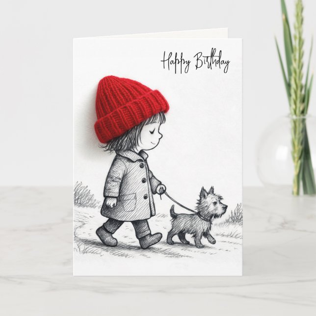 Tarjeta Niña Cumpleañera Paseando a su Perro (Anverso)