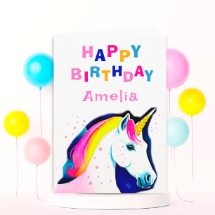 Tarjeta Niña Cumpleaños Feliz Estrellas Unicornio Mágico