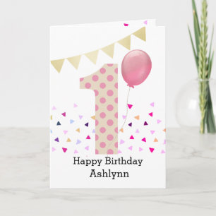 Tarjeta Niña de 1er cumpleaños de lunares rosados