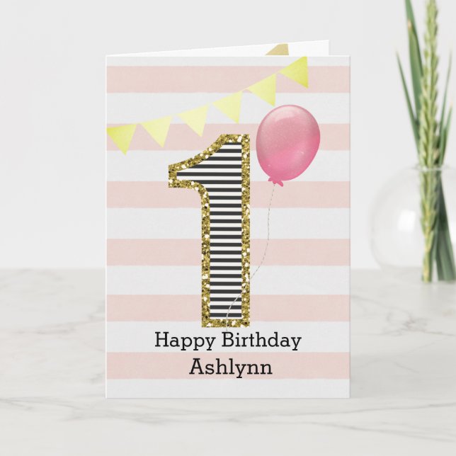 Tarjeta Niña de 1er Cumpleaños Rosa y Dorado (Anverso)