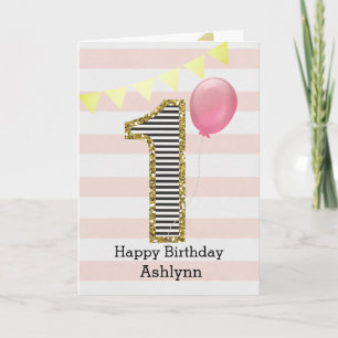 Tarjeta Niña de 1er Cumpleaños Rosa y Dorado