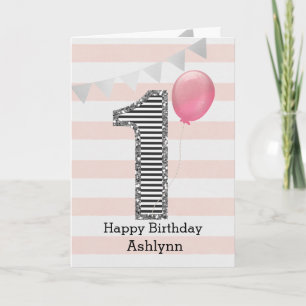 Tarjeta Niña de 1er cumpleaños rosa y plata