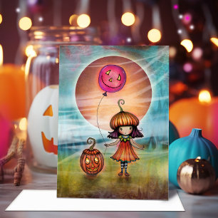 Tarjeta Niña de Calabaza Adorable Arte de Halloween