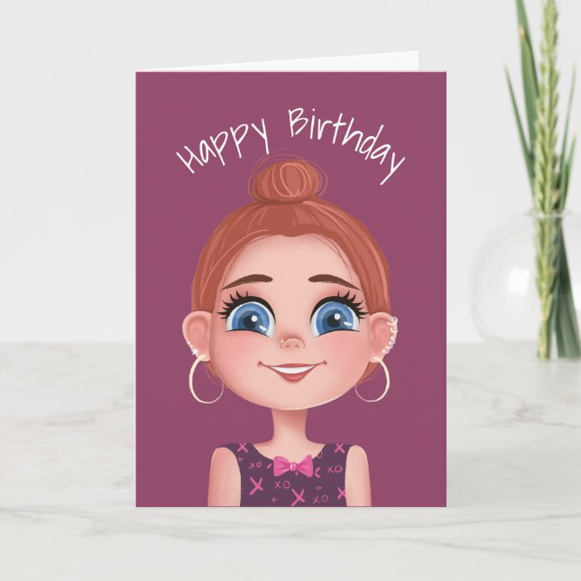 Tarjeta Niña de Cumpleaños de Dibujos Animados con Ojos Gr (Anverso)