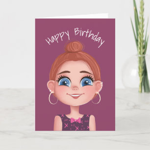 Tarjeta Niña de Cumpleaños de Dibujos Animados con Ojos Gr