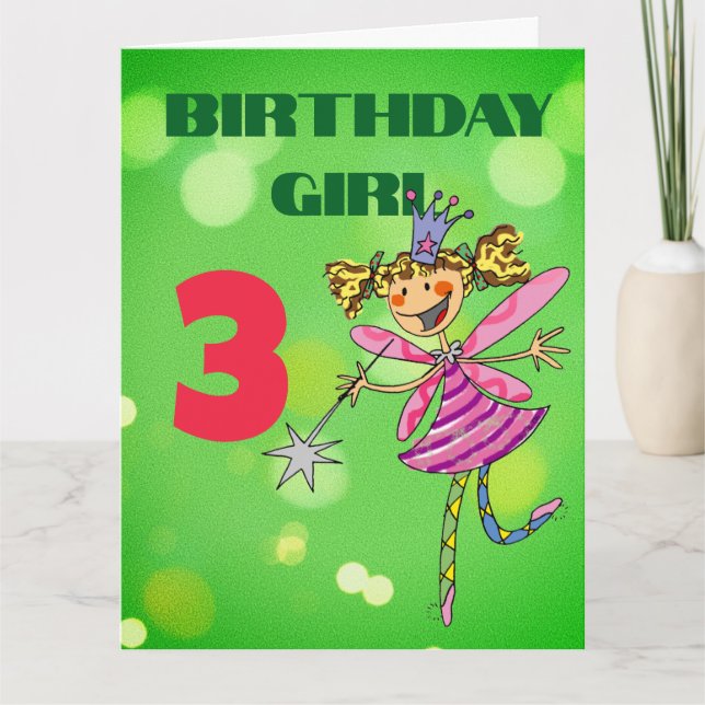 Tarjeta Niña de cumpleaños personalizado número 3 con hada (Anverso)