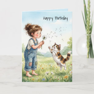 Tarjeta Niña de cumpleaños soplando semillas de diente de 