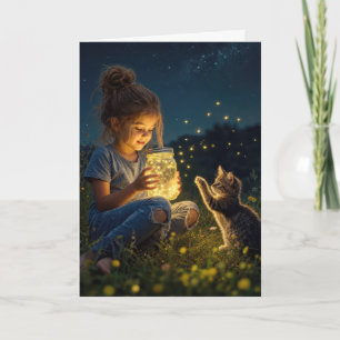 Tarjeta Niña de cumpleaños sosteniendo un frasco de luciér