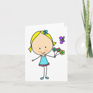 Tarjeta Niña De Dibujos Animados Con Flores De Uso Genéric