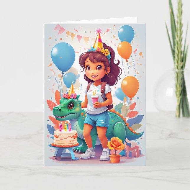 Tarjeta Niña de dibujos animados con pastel de cumpleaños  (Anverso)