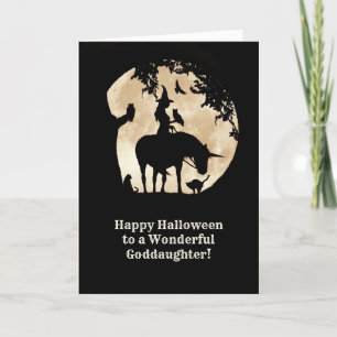 Tarjeta Niña de Halloween aguda bruja y animales
