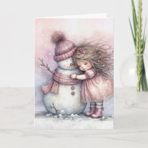 Tarjeta Niña de Navidad abrazando a un muñeco de nieve