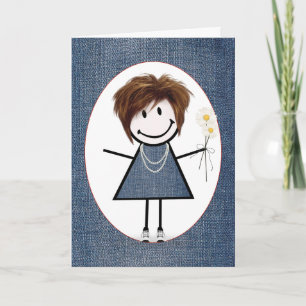 Tarjeta Niña de palitos de cumpleaños con margaritas