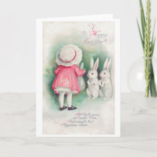 Tarjeta Niña de Pascua antigua y conejito