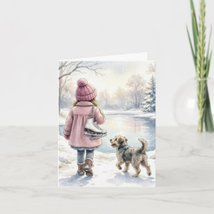 Tarjeta Niña en acuarela con patines de hielo y perro