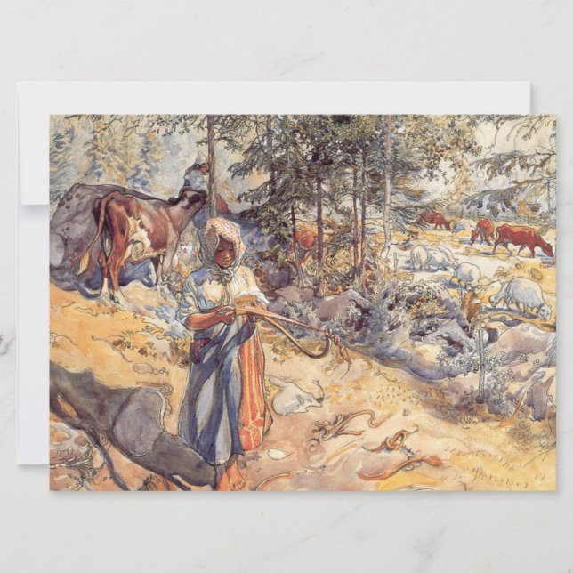 Tarjeta Niña en la pradera (niño con animales de granja) (Anverso)