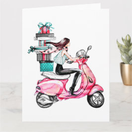 Tarjeta Niña en Scooter con regalos de Navidad