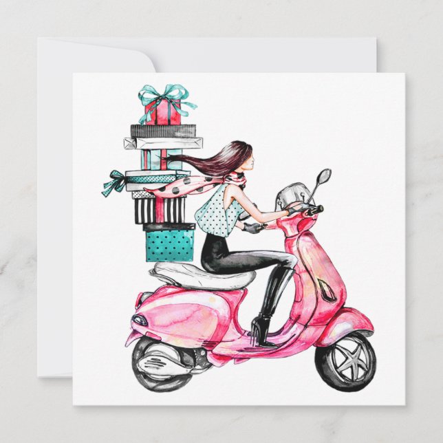 Tarjeta Niña en Scooter llevando regalos (Anverso)