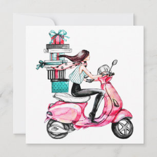 Tarjeta Niña en Scooter llevando regalos