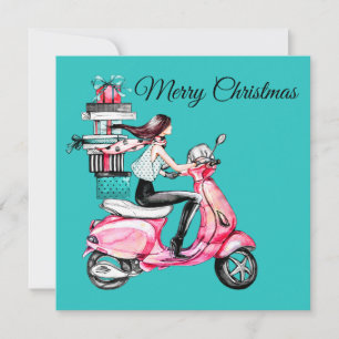 Tarjeta Niña en scooter llevando regalos