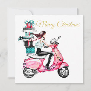 Tarjeta Niña en scooter llevando regalos de Navidad