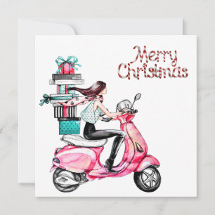 Tarjeta Niña en Scooter llevando regalos Feliz Navidad