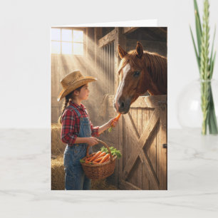 Tarjeta Niña en su cumpleaños alimentando a un caballo con