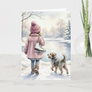 Tarjeta Niña en su cumpleaños con patines de hielo y perro