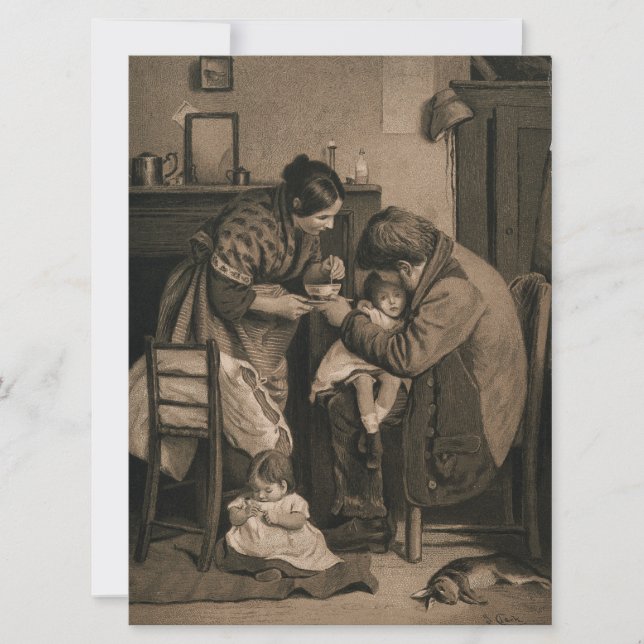 Tarjeta Niña enferma apoyada por su padre y su madre (Anverso)