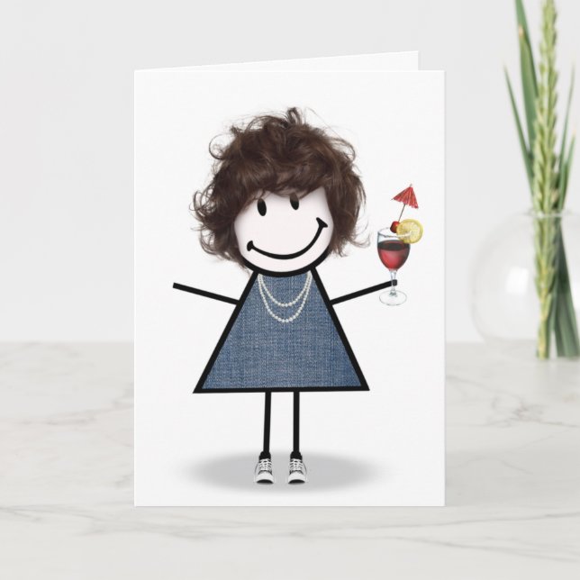 Tarjeta Niña estilo palo de cumpleaños con cóctel (Anverso)