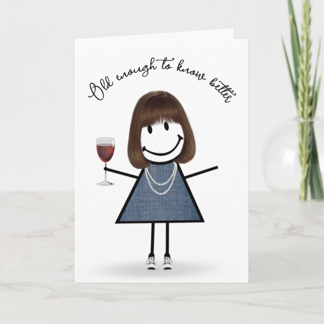 Tarjeta Niña estilo Palo de Cumpleaños con Vidrio de Vino (Anverso)