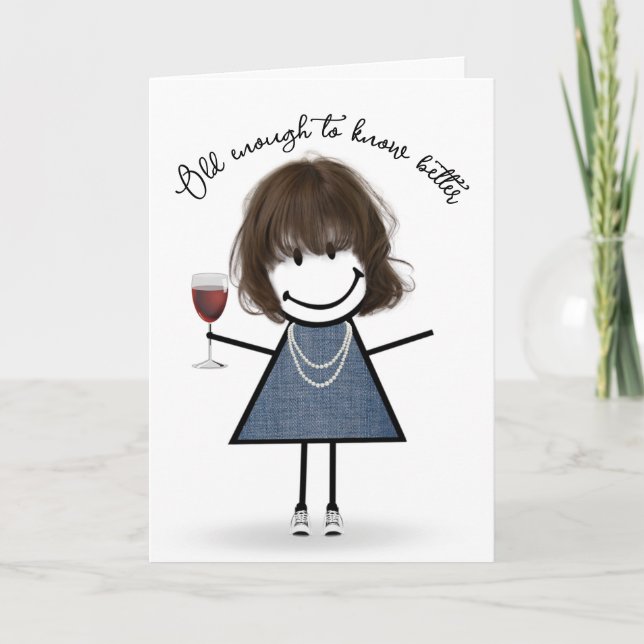 Tarjeta Niña estilo Palo de Cumpleaños con Vidrio de Vino (Anverso)