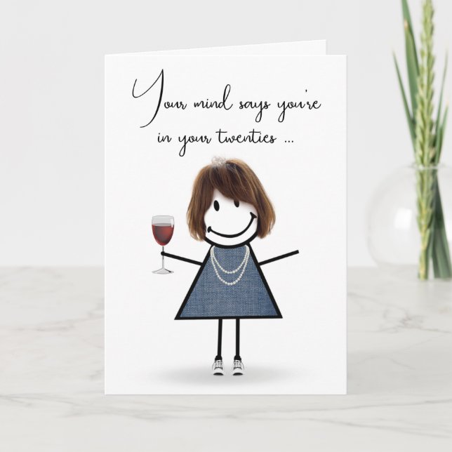 Tarjeta Niña estilo Palo de Cumpleaños con Vidrio de Vino (Anverso)