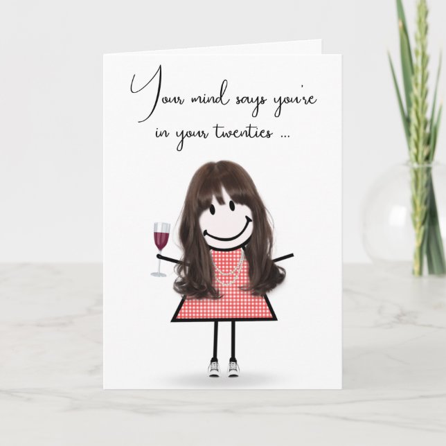 Tarjeta Niña estilo palo de cumpleaños con vino rojo (Anverso)