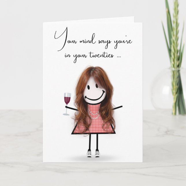 Tarjeta Niña estilo palo de cumpleaños con vino rojo (Anverso)
